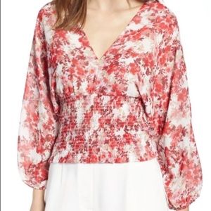 wayf red floral v neck blouse